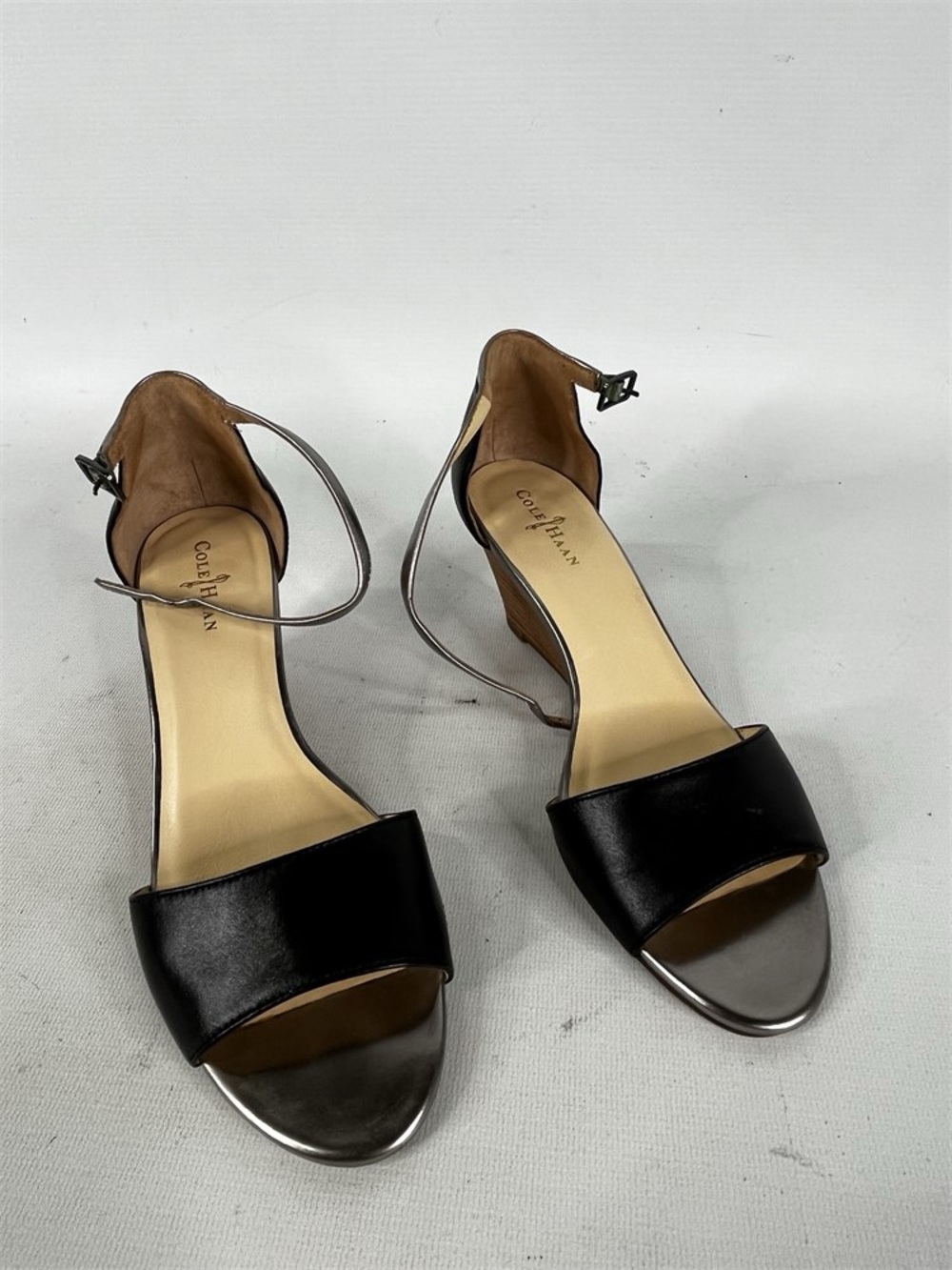 Cole Haan Black Leather Ankle-Strap Wedges